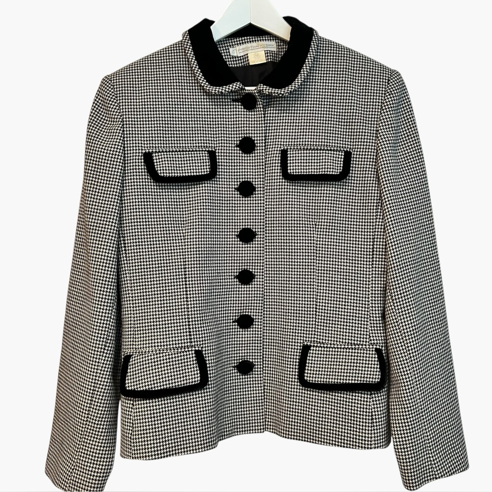 Preston & York Wool Houndstooth Blazer Jacket Velvet Trim Sz 12 Vintage Inspired